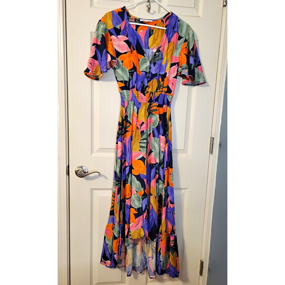 Abel The Label High-Low Floral Maxi Dress V-Neck Boho Vibrant Size S
